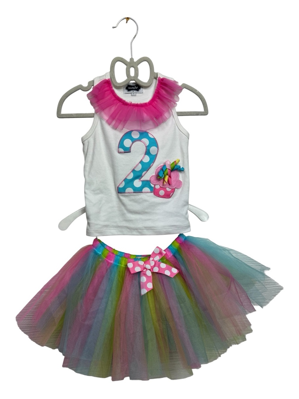 Mud Pie White Tank with Pink Tulle Collar and Rainbow Tutu 2 Year Old birthday